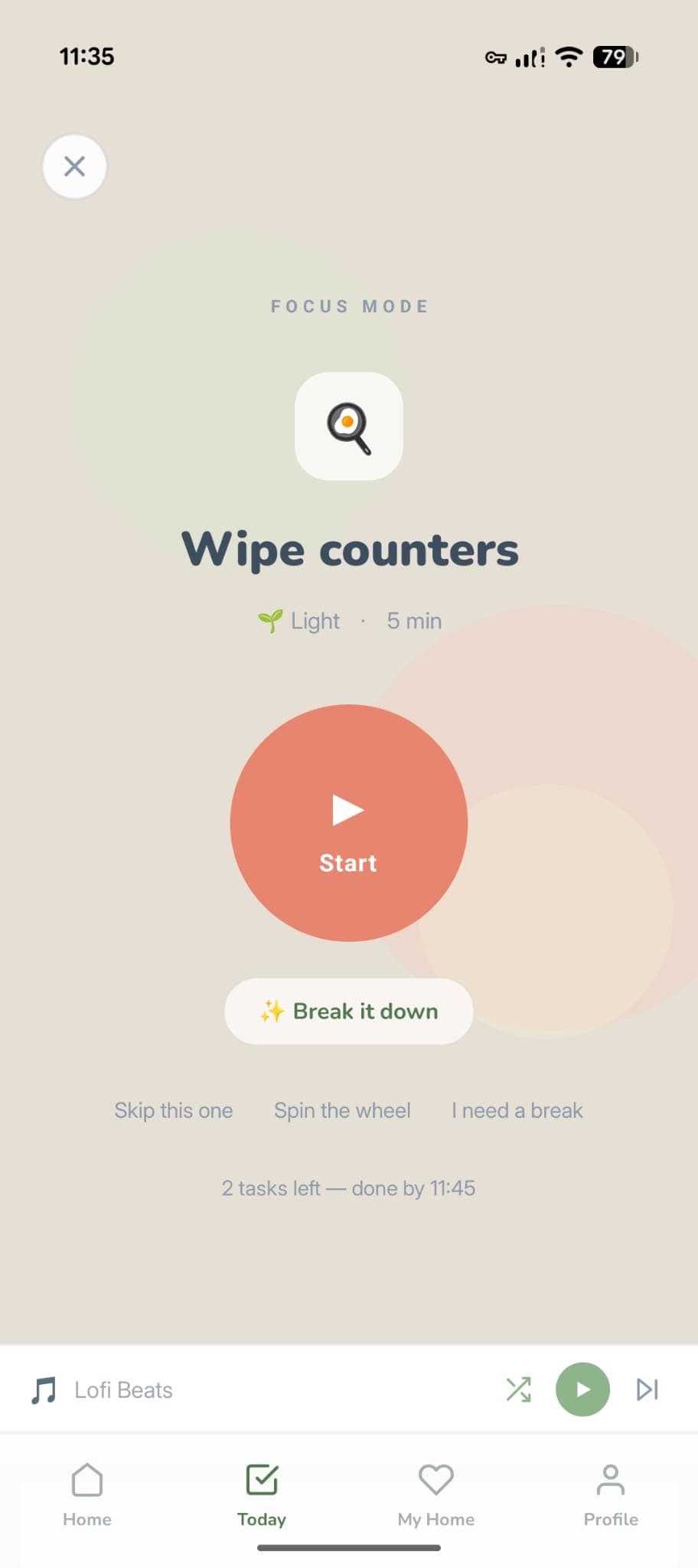 Tidywell focus mode — one task, one timer, no distractions