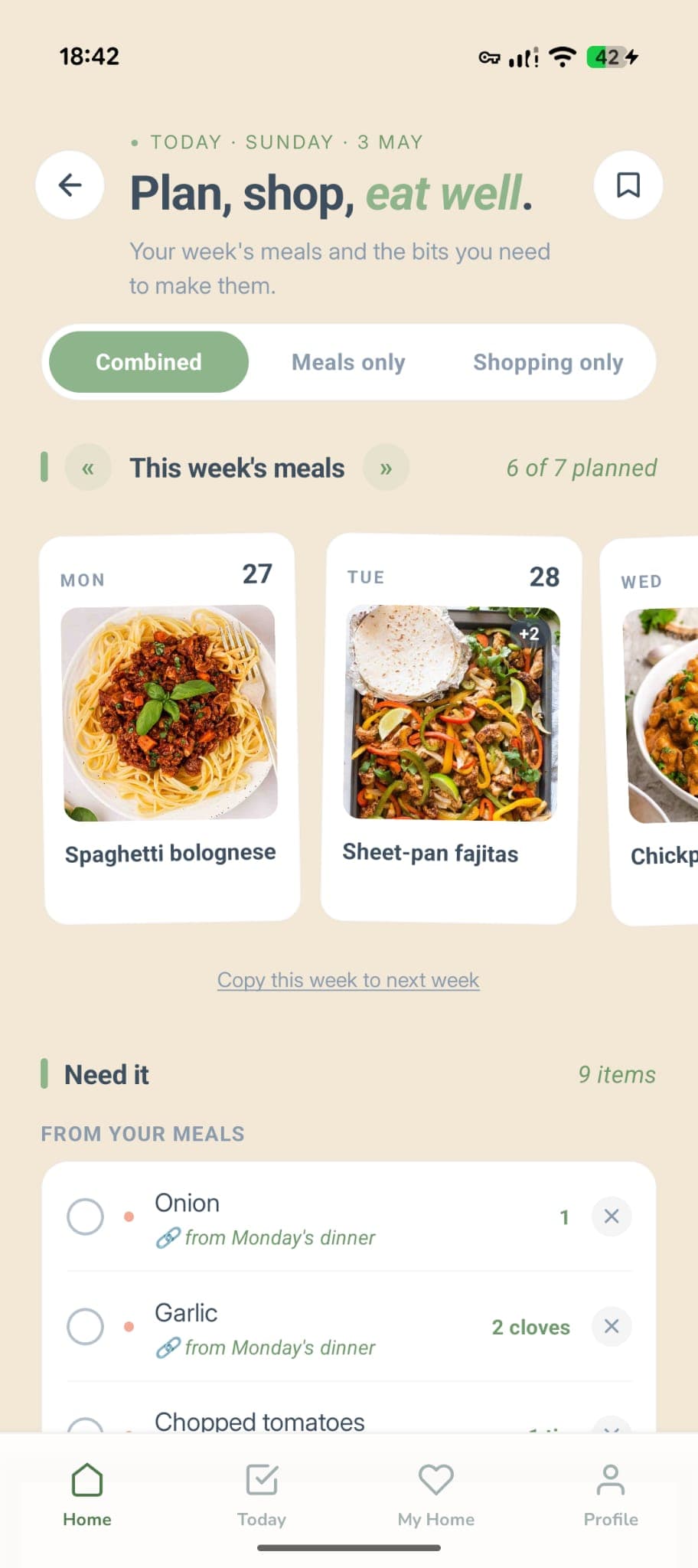 Tidywell meal plan with the week strip showing meals pinned to Monday and Tuesday and a Need it shopping list below